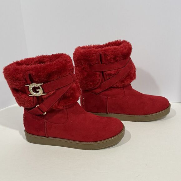 G by GUESS GALLIO RED FAUX FUR SLIP ON ANKLE BOOTS BOOTIE Women’s Size 5.5M - Picture 15 of 16